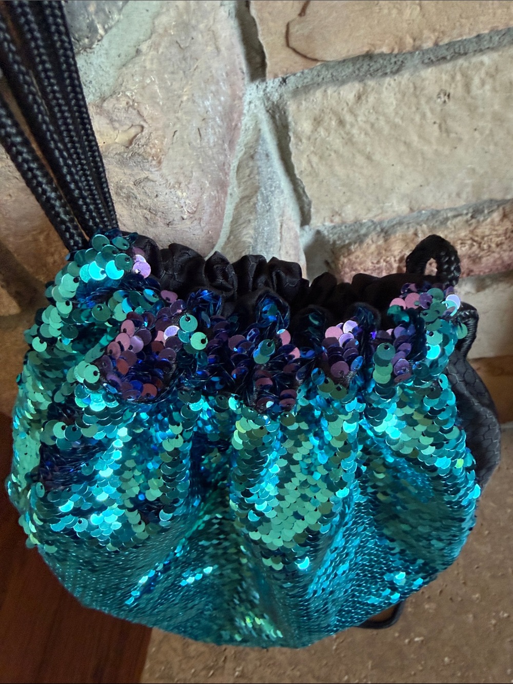 Mermaid Sequin Drawstring Backpack in Teal & Purple Reversable - Picture 6 of 8